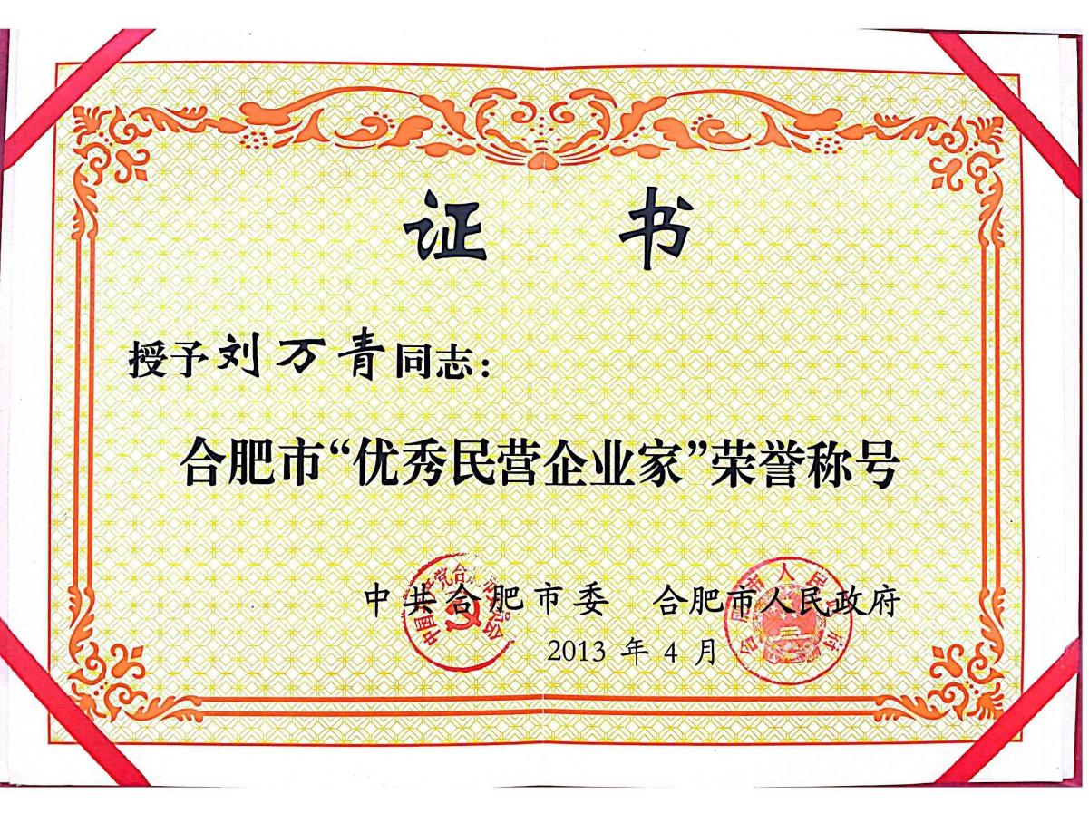 董事長劉萬青被合肥市委、合肥市人民政府授予“合肥市優(yōu)秀民營企業(yè)家”榮譽(yù)稱號